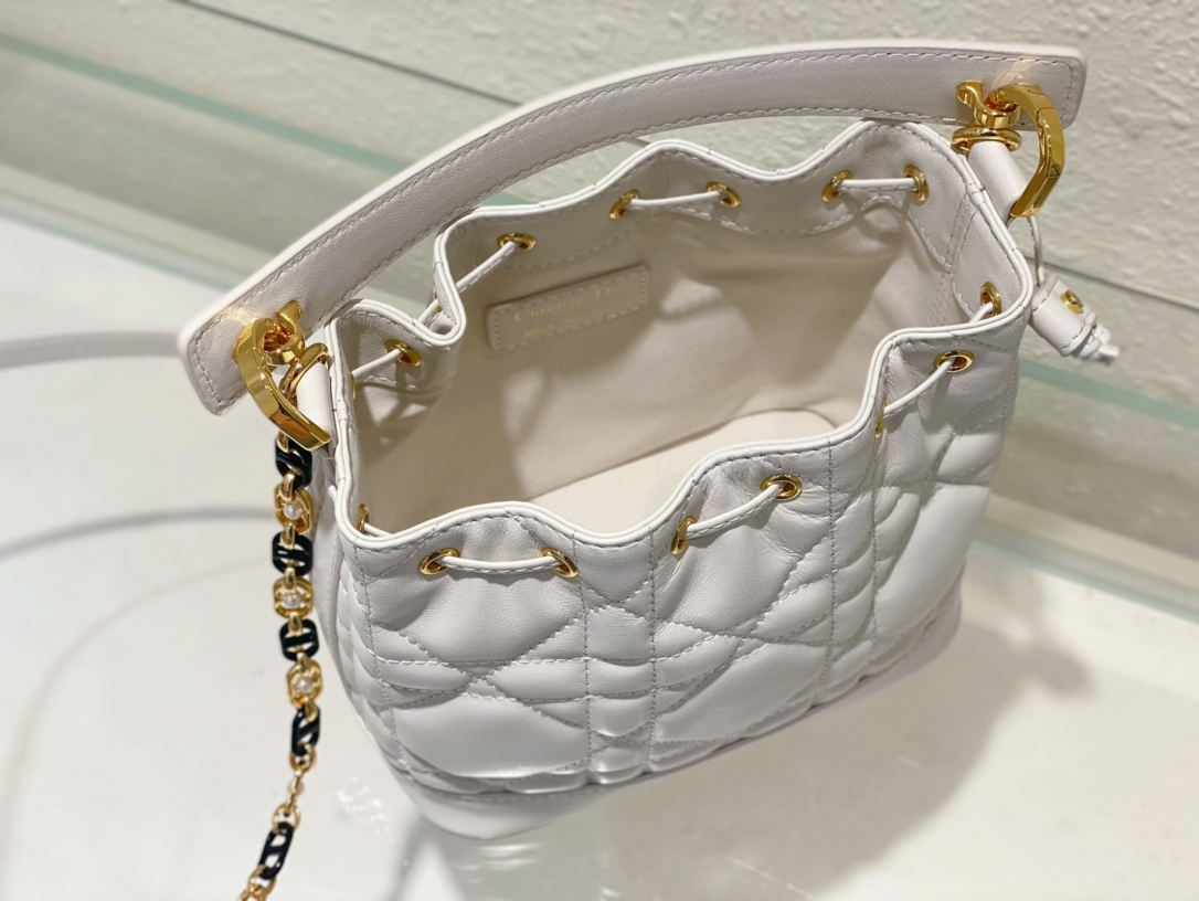 Small Dior Jolie Bucket Bag White Macrocannage Lambskin and Calfskin